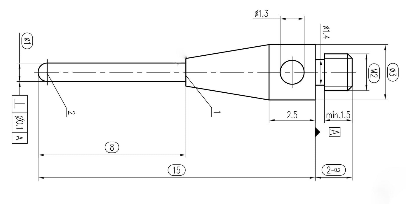 CM2 010 015 RSS - Cylindrical M2 CMM Stylus 1mm Ruby Ball, 15mm Stainless Steel Stem, EWL 8mm