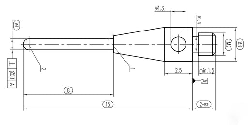 CM2 010 015 RSS - Cylindrical M2 CMM Stylus 1mm Ruby Ball, 15mm Stainless Steel Stem, EWL 8mm